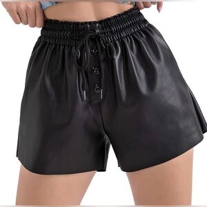 NEW Faux Leather Short High Waisted Drawstring Cut Off Black Medium Y2K Festival